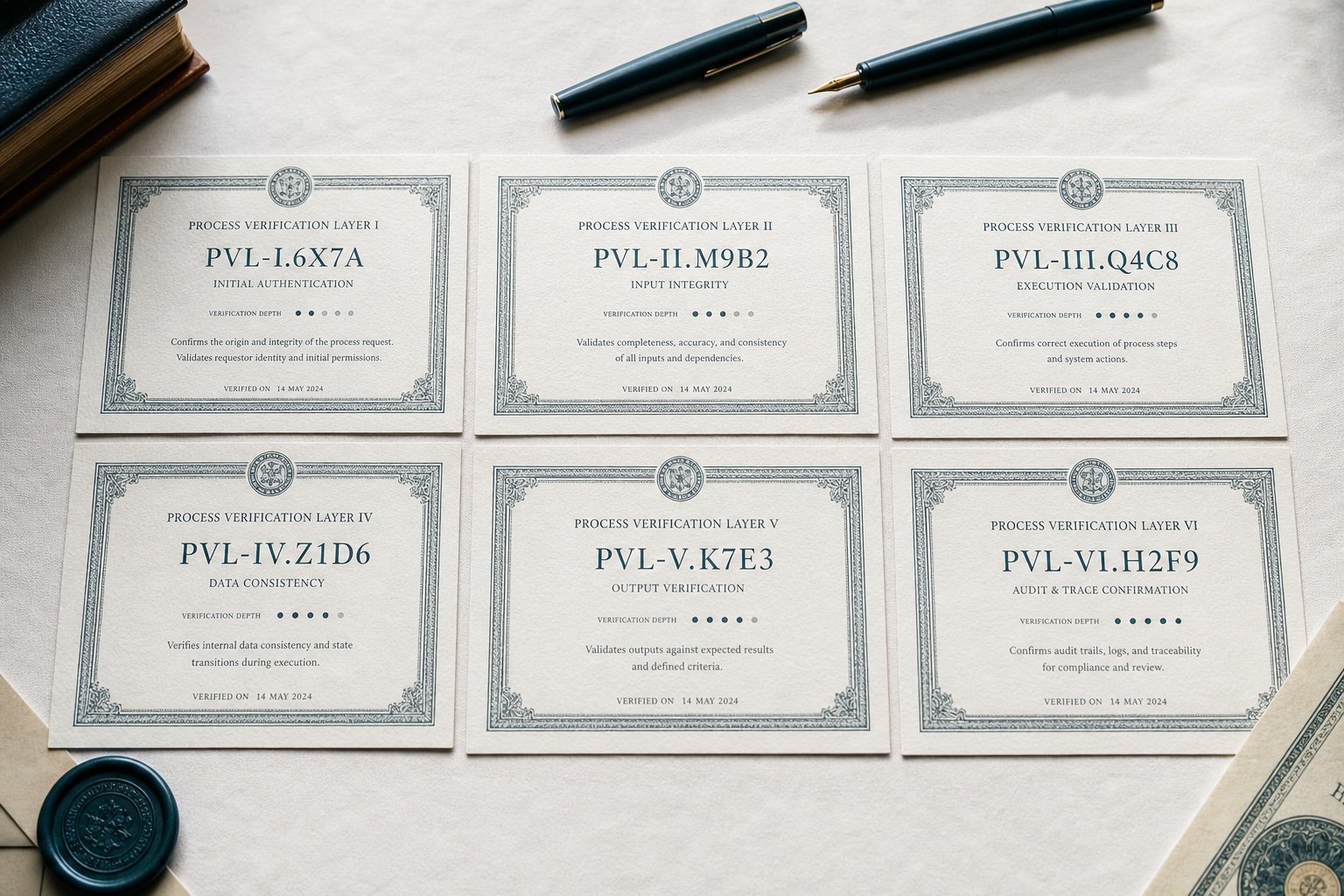 Six-stage verification sequence cards on a cotton paper desk