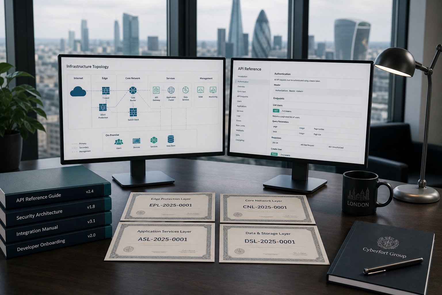 Enterprise infrastructure diagrams on dual monitors